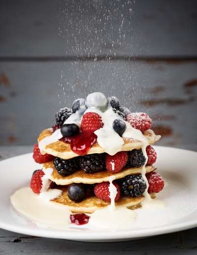 Dusted Fruit Pancake stack recipe menu photography by Stephen Conroy Food Photographer